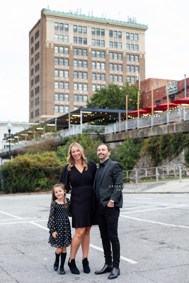 family portraits, wilmington nc family photographer, family of three, downtown wilmington, urban family portraits, children portraits, child, what to wear family session, what to wear black clothes, parents, loving family, sweet girl, family photography